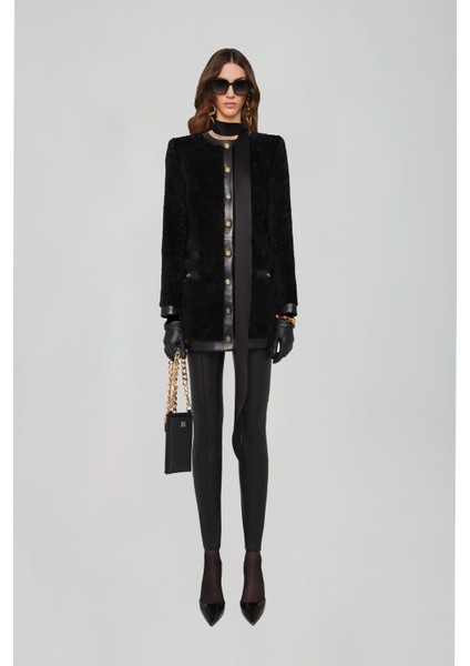 Bisiklet Yaka Düğmeli Cepli Siyah Deri Ceket