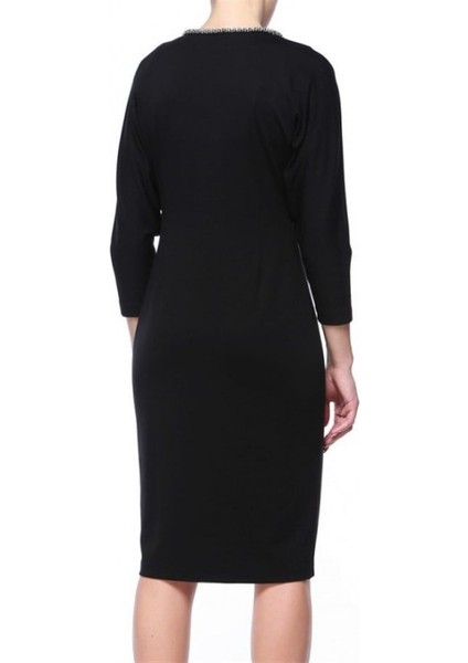 Taş Işlemeli Uzun Kol Orta Boy Siyah Kalem Elbise modelleri