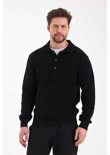 Erkek Regular Fit Pamuklu Polo Yaka Düğmeli Siyah Triko Kazak modelleri