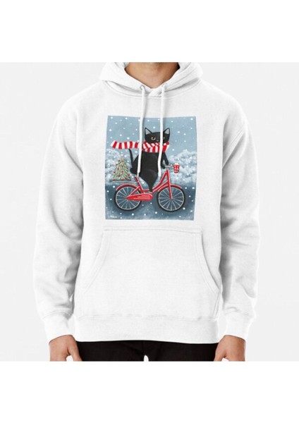 Black Cat Winter Bicycle Ride Baskılı Sweatshirt