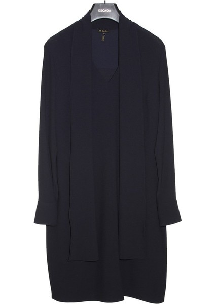 Şal Yaka Bol Kesim Uzun Kol Lacivert Elbise