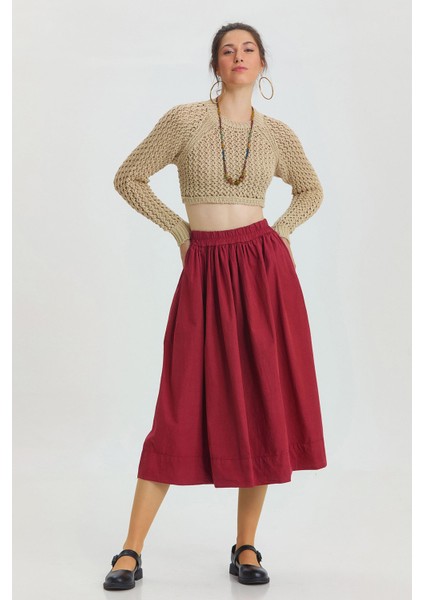 Beli Lastikli Hacimli Midi Boy Kloş Etek Bordo