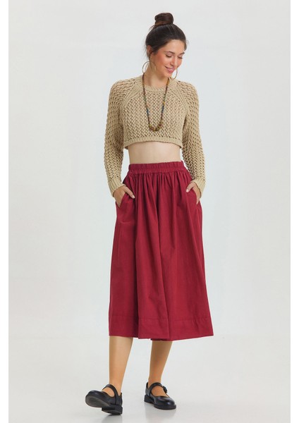 Beli Lastikli Hacimli Midi Boy Kloş Etek Bordo modelleri