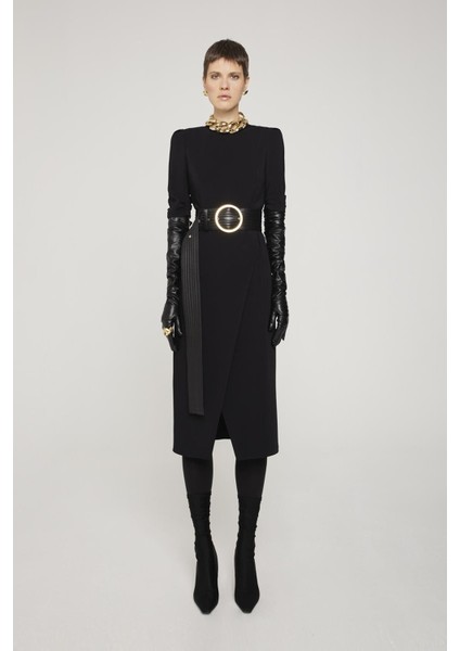 Yarım Kol Kemerli Midi Boy Siyah Kruvaze Elbise