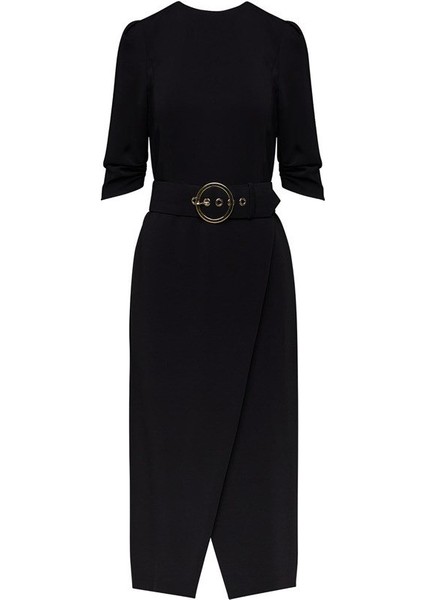 Yarım Kol Kemerli Midi Boy Siyah Kruvaze Elbise modelleri