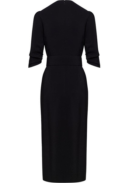 Yarım Kol Kemerli Midi Boy Siyah Kruvaze Elbise fırsatları