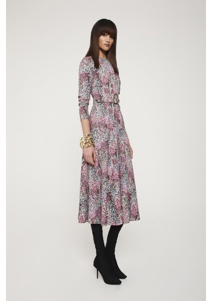 Kemerli Uzun Kollu Midi Boy Çok Renkli Elbise