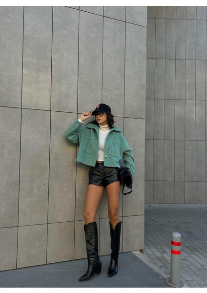 Kadın Mint Astarlı Kısa Oversize Kaşe Kaban 28304