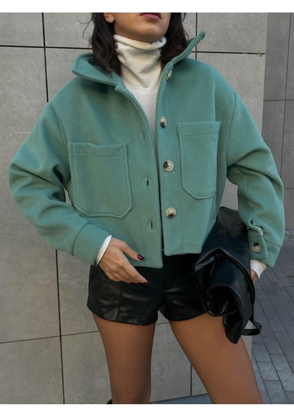Kadın Mint Astarlı Kısa Oversize Kaşe Kaban 28304