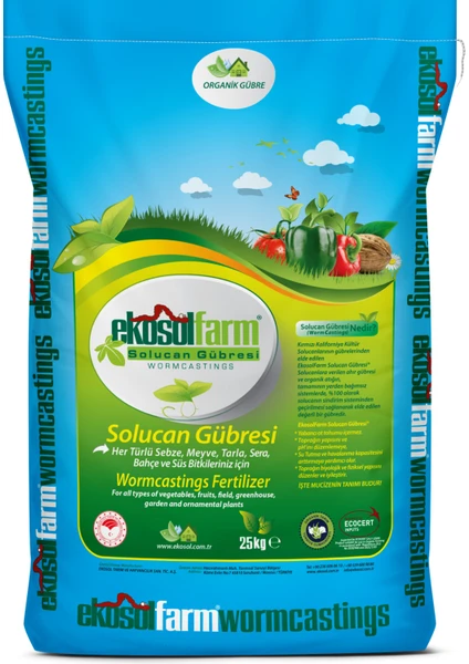 EkosolFarm Organik %100 Solucan Gübresi 25 Kg. Tüm Bitkilerde Kullanıma Uygun Organik Gübre