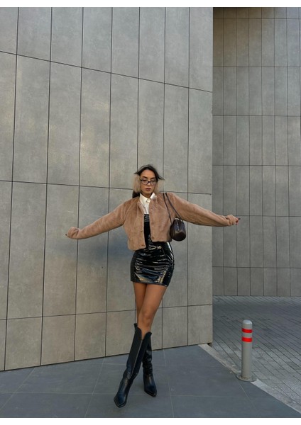 Kadın Vizon Astarlı Yakasız Kısa Kürk Kaban 28363