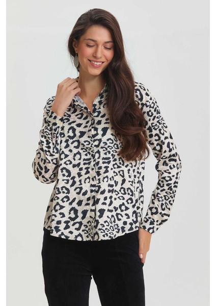 Leoplar Desenli Saten Gömlek Siyah - Gri