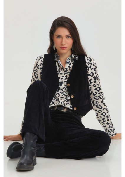 Leoplar Desenli Saten Gömlek Siyah - Gri fiyatları