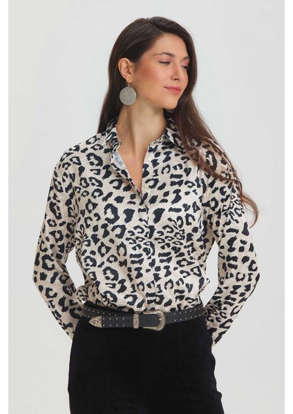 Leoplar Desenli Saten Gömlek Siyah - Gri modelleri