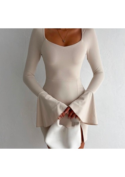 Uzun Kollu Volan Detaylı Sandy Mini Elbise modelleri