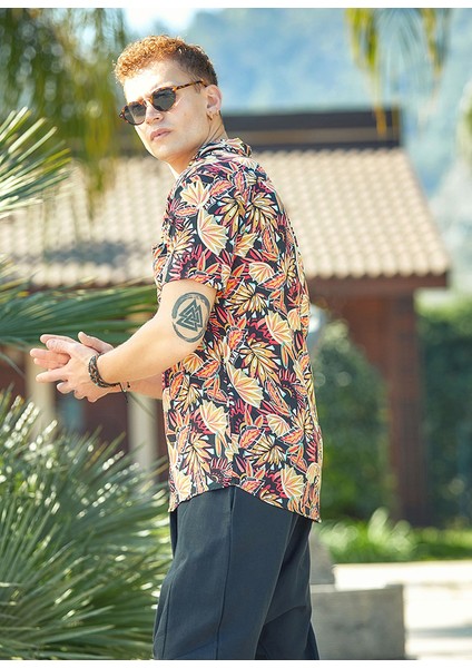 Bohem Tarz Kısa Kollu Desenli Gömlek Siyah - Kırmızı modelleri