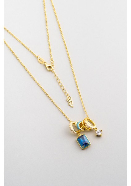 Renkli Taşlı 18 Ayar Sarı Altın Kaplama 45 cm Gümüş Charm Kolye