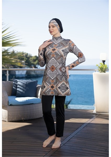 Boneli Dijital Baskı Boneli Tam Kapalı Tesettür Mayo modelleri