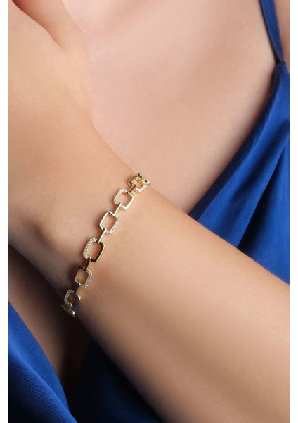 Beyaz Taşlı 18 Ayar Sarı Altın Kaplama Gümüş Zincir Bileklik fırsatları