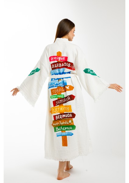 Müslin Kimono Pamuklu Karayip Adaları Baskılı Bornoz Kaftan Sabahlık