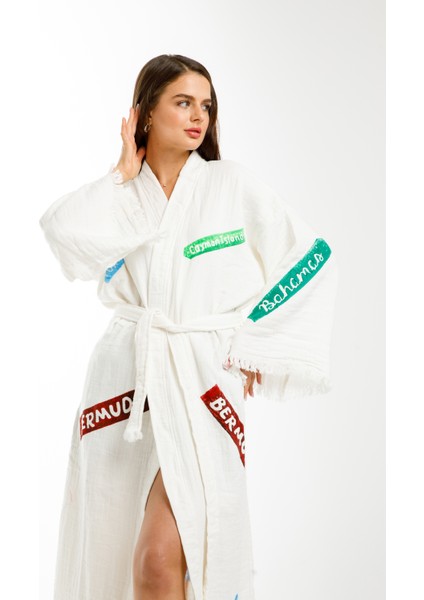 Müslin Kimono Pamuklu Karayip Adaları Baskılı Bornoz Kaftan Sabahlık