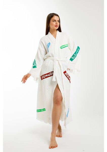 Müslin Kimono Pamuklu Karayip Adaları Baskılı Bornoz Kaftan Sabahlık
