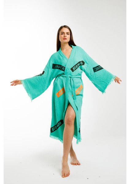 Müslin Kimono Pamuklu Karayip Adaları Baskılı Bornoz Kaftan Sabahlık