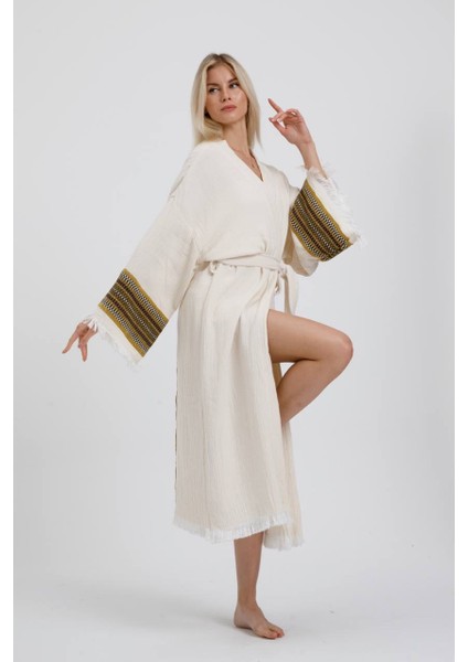 Befera Design Müslin Kimono Pamuklu Camel Deve Desenli Bornoz Kaftan Sabahlık