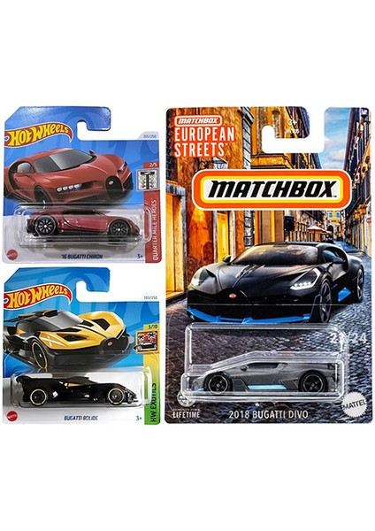 3 Araç Bugatti Set - Hot Wheels Bugatti Bolide Sarı & Bugatti Chiron & Matchbox Bugatti Divo (1/64)