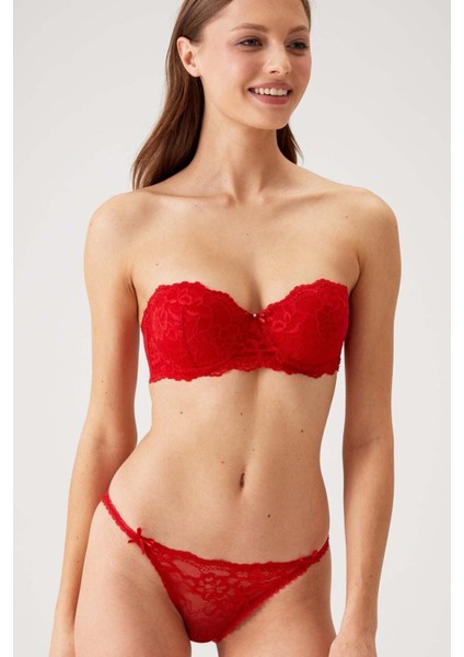 Normal Bel Kırmızı 4563 Pisa Destekli / Push - Up Straplez Dantelli Sütyen Takımı Hayır Tüm Yaş Gru
