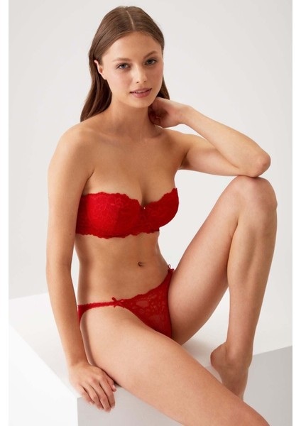 Normal Bel Kırmızı 4563 Pisa Destekli / Push - Up Straplez Dantelli Sütyen Takımı Hayır Tüm Yaş Gru