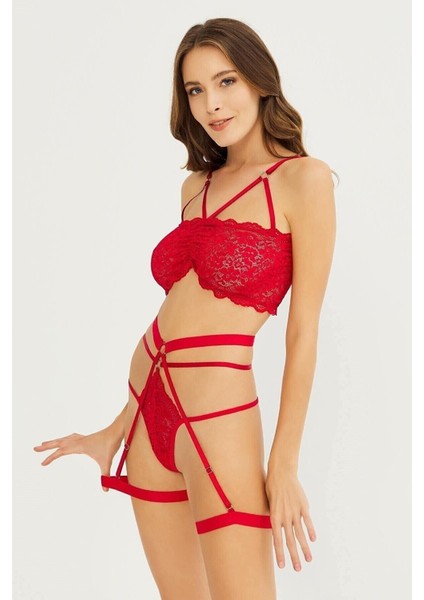 Beli Lastikli Kadın Kırmızı Dantelli Sütyenli Jartiyer Takım Iç Giyim Lastik Kırmızı Yılbaşı Tüm Ya