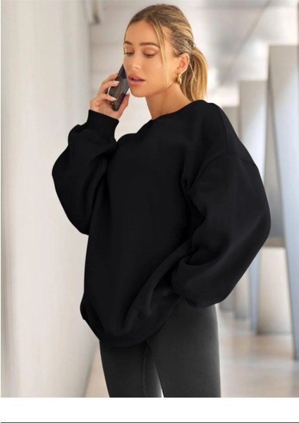 Kadın Oversize Bisiklet Yaka Basic Sweatshirt