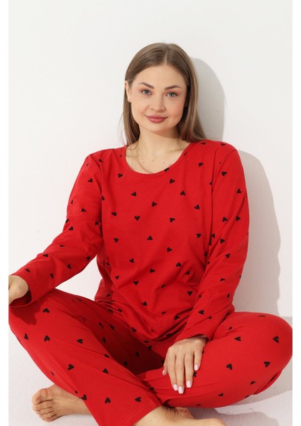T-Shirt-Eşofman Kırmızı Curve Büyük Beden Battal Boy Pamuklu Pijama Takımı Kırmızı Polyester Karışı