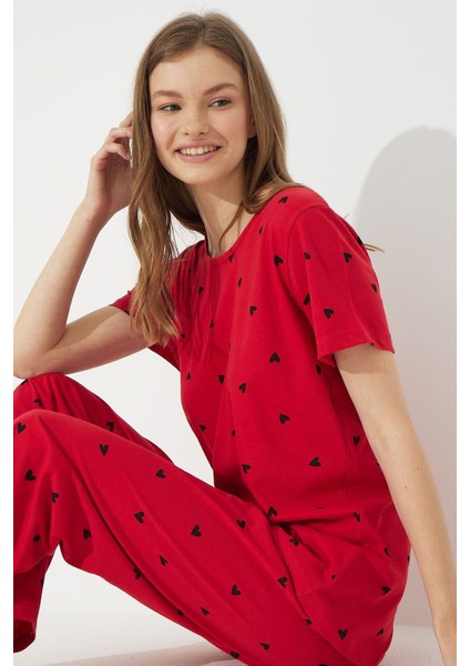 Sıfır Yaka Kırmızı Kısa Kollu Pamuklu Pijama Takımı Ek Özellik Mevcut Değil Homewear Düz 2'li B