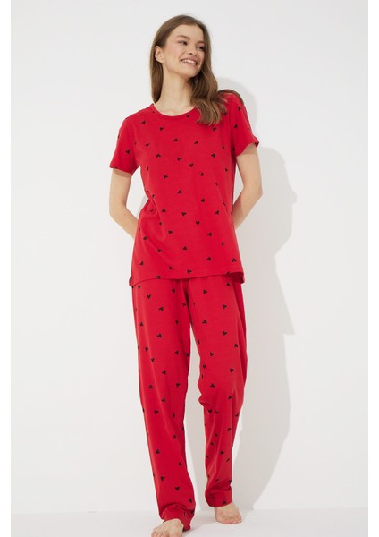 Sıfır Yaka Kırmızı Kısa Kollu Pamuklu Pijama Takımı Ek Özellik Mevcut Değil Homewear Düz 2'li B