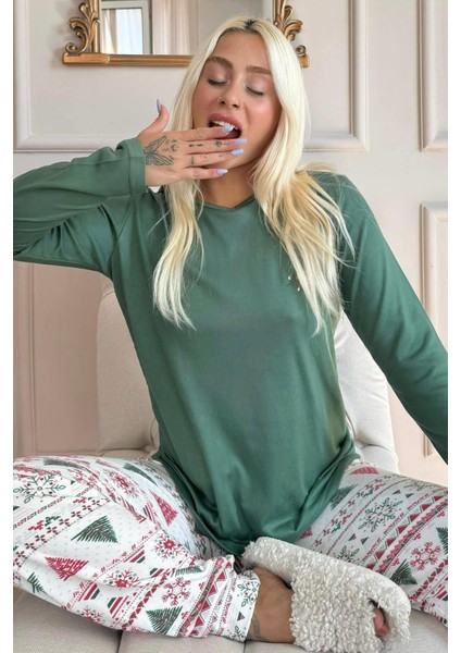 T-Shirt-Pantolon Yeşil Etnik Desenli Termal Kadın Pijama Takımı Kış Regular Örme Hayır Yumoş Kırmız