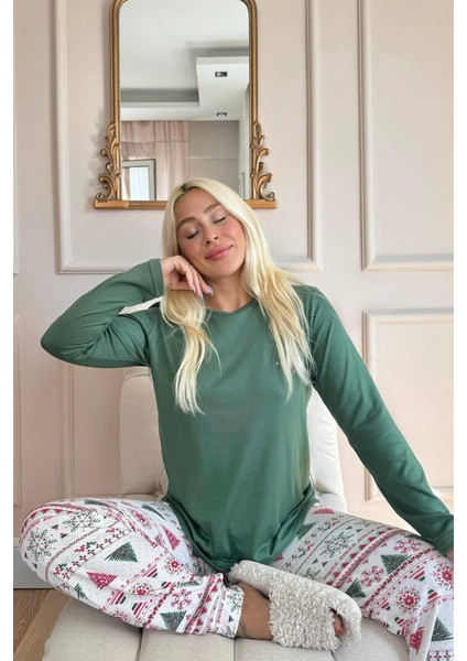 T-Shirt-Pantolon Yeşil Etnik Desenli Termal Kadın Pijama Takımı Kış Regular Örme Hayır Yumoş Kırmız