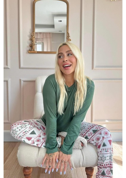 T-Shirt-Pantolon Yeşil Etnik Desenli Termal Kadın Pijama Takımı Kış Regular Örme Hayır Yumoş Kırmız
