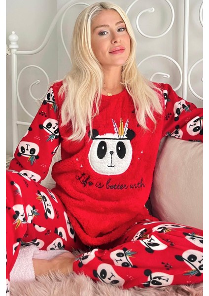 Standart Kol Kırmızı Life Panda Desenli Kadın Peluş Pijama Takımı Düz Lastikli Basic Normal Bel