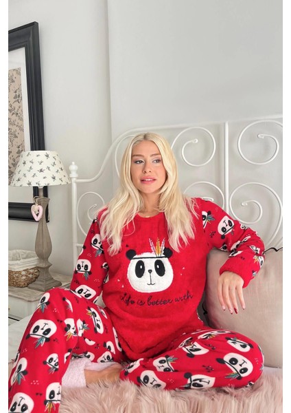Standart Kol Kırmızı Life Panda Desenli Kadın Peluş Pijama Takımı Düz Lastikli Basic Normal Bel