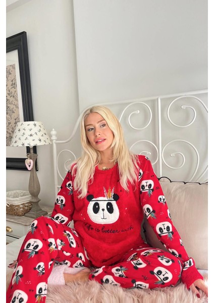 Standart Kol Kırmızı Life Panda Desenli Kadın Peluş Pijama Takımı Düz Lastikli Basic Normal Bel
