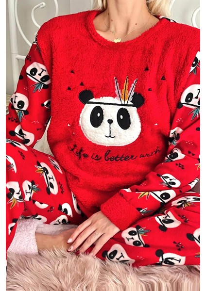 Standart Kol Kırmızı Life Panda Desenli Kadın Peluş Pijama Takımı Düz Lastikli Basic Normal Bel