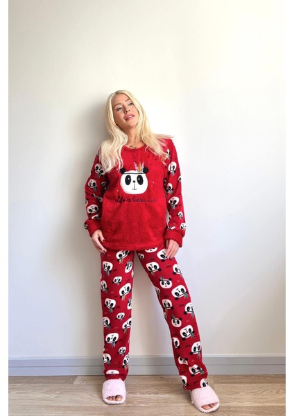 Standart Kol Kırmızı Life Panda Desenli Kadın Peluş Pijama Takımı Düz Lastikli Basic Normal Bel