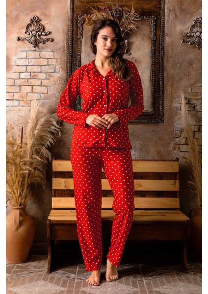 Kışlık Düğmeli Ekose Desen Yılbaşı Temalı Kadın Süet Pijama Takımı Homewear Regular Homewear Fe