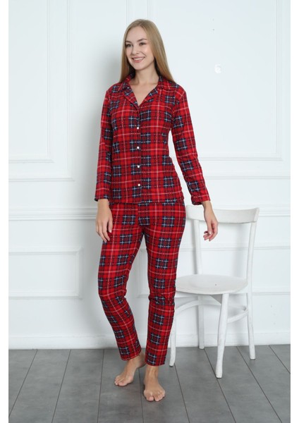 Uzun Süet Önden Düğmeli Pijama Takım Uzun Kol Uzun Kırmızı Tüm Yaş Grupları Homewear Düz Paça Baskı