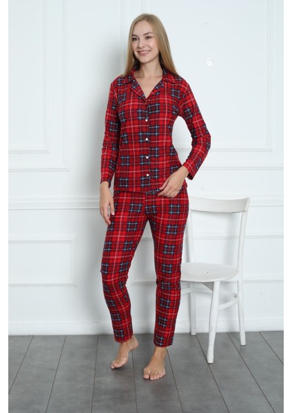 Uzun Süet Önden Düğmeli Pijama Takım Uzun Kol Uzun Kırmızı Tüm Yaş Grupları Homewear Düz Paça Baskı modelleri