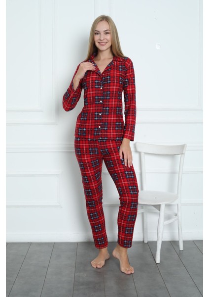 Uzun Süet Önden Düğmeli Pijama Takım Uzun Kol Uzun Kırmızı Tüm Yaş Grupları Homewear Düz Paça Baskı fırsatları
