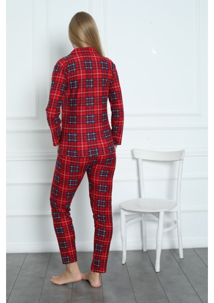 Uzun Süet Önden Düğmeli Pijama Takım Uzun Kol Uzun Kırmızı Tüm Yaş Grupları Homewear Düz Paça Baskı indirimleri