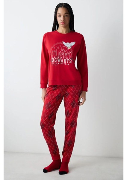 Dokuma Harry Potter Magic Kırmızı Pantolon Pijama Takımı Düz Kırmızı T09 Hayır Straight 100% Pamuk